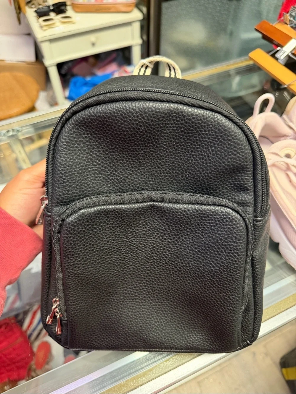Jewell by Thirty-One Mini Backpack Black Faux Leather with Striped Straps